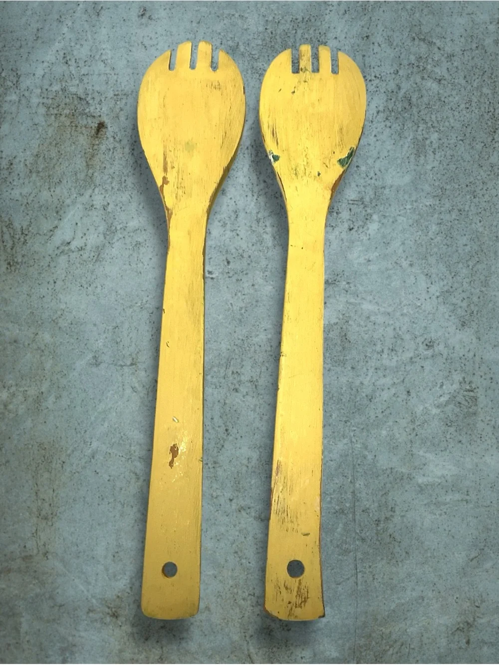 Vintage Folk Art Painted Wooden Utensils w/ Applied Decorative Cottage Cut-outs